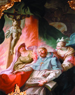 Franz von Sales in mystischer Verzckung zwischen der personifizierten Liebe (links) und dem Glauben.