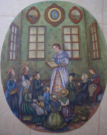 Alacoque_Leben_06.jpg - Margareta Maria Alacoque sorgt sich um die religiöse Erziehung der Kinder, Gemälde aus dem Heimsuchungskloster Paray-le-Monial, Frankreich
