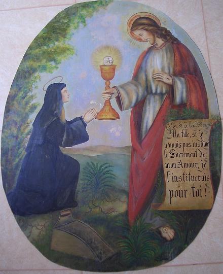 Alacoque_Leben_09.jpg - Margareta Maria Alacoque erhält von Christus den Auftrag, die Verehrung seines Herzens zu verbreiten, Gemälde aus dem Heimsuchungskloster Paray-le-Monial, Frankreich