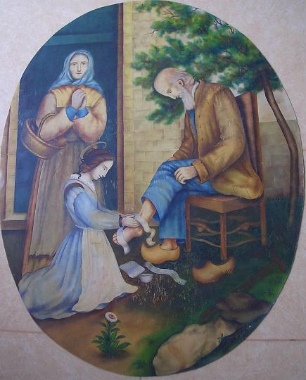 Alacoque_Leben_10.jpg - Margareta Maria Alacoque sorgt sich um die Not der Armen, Gemälde aus dem Heimsuchungskloster Paray-le-Monial, Frankreich