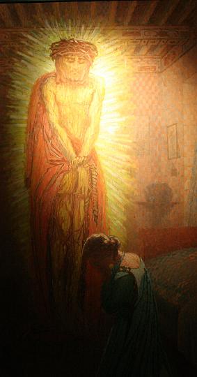 Alacoque_Leben_b_04.jpg - Visionen als junge Frau, Aus: Das Leben der heiligen Margareta Maria Alacoque im Parc des Chaplains, Paray-le-Monial, Frankreich