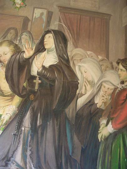 alacoque0050.jpg - Margareta Maria Alacoque bei der Herz Jesu Verehrung mit den Novizinnen in Para-le-monial, Gemälde in Genua, Italien