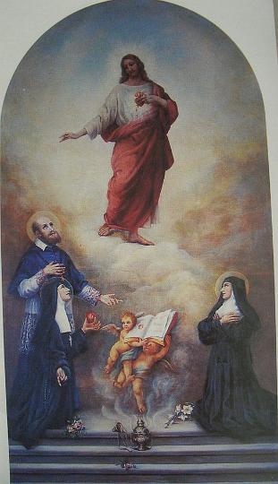 alacoque0117.jpg - Margareta Maria Alacoque, Gemälde im Heimsuchungskloster Treviso, Italien. Links: Franz von Sales und Johanna Franziska von Chantal