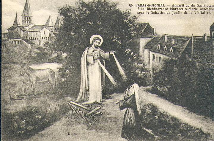 alacoque0128.jpg - Margareta Maria Alacoque. Christus erscheint ihr im Garten des Heimsuchungsklosters von Paray le Monial, alte Postkarte aus Frankreich