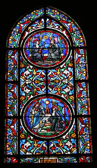 alacoque0179.jpg - Margareta Maria Alacoque, unten: Herz Jesu-Vision, oben mit Claude de la Colombiere, Glasfenster in der Kirche Notre Dame, Dijon, Frankreich